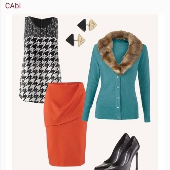 CAbi Tearoom Cardigan w/faux fur collar removable Medium Teal Green EUC - Picture 11 of 14